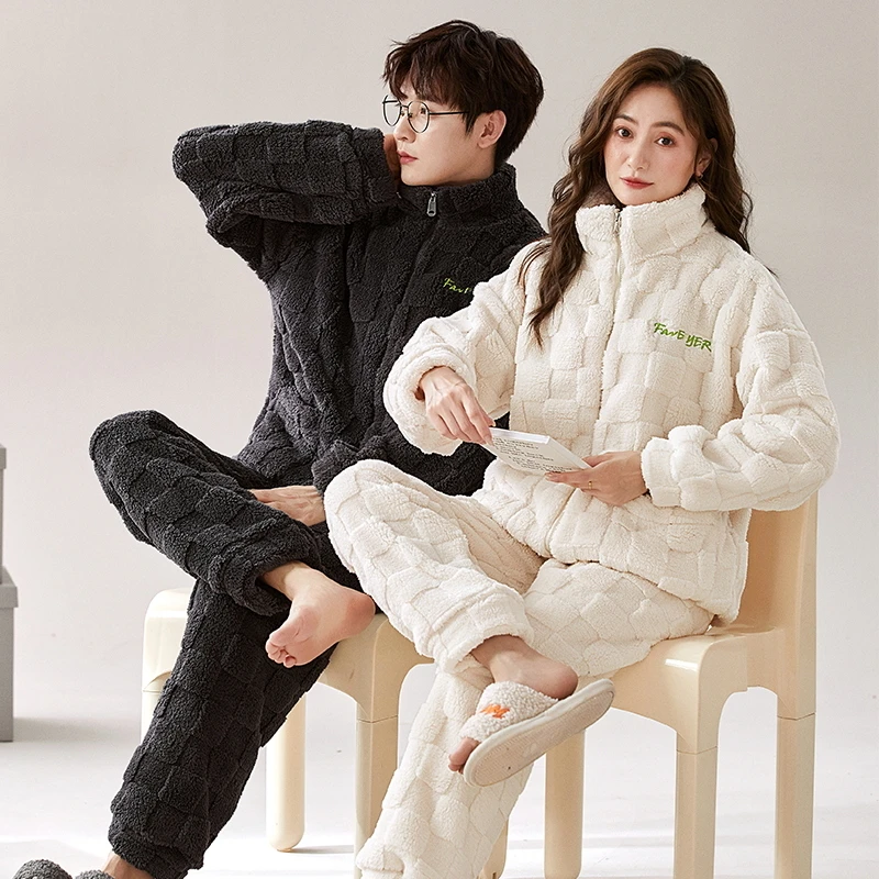 秋冬加厚情侣睡衣套装简约立领拉链长袖长裤两件套可外穿家居服