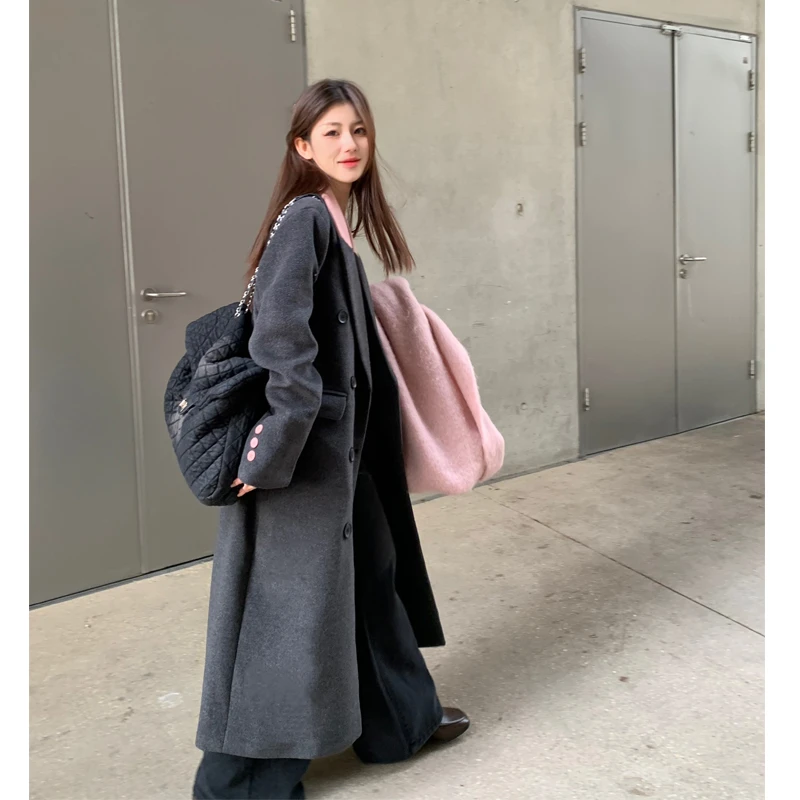 深灰色斜纹西装毛呢外套女超长款呢子衣韩系经典气质加棉大衣