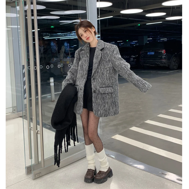 深灰色短款西装毛呢外套女韩版加棉呢子大衣