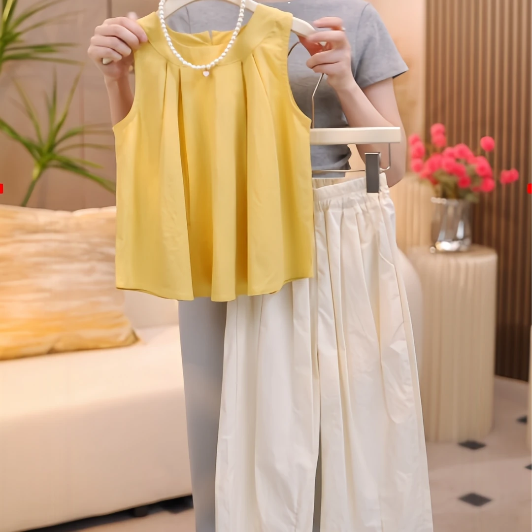 女童网红套装2025新款夏装洋气娃娃衫无袖背心薄款阔腿裤套装