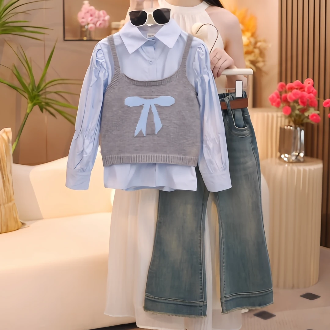 女童秋装新款韩系套装蝴蝶结针织吊带马甲长袖衬衫牛仔裤三件套潮