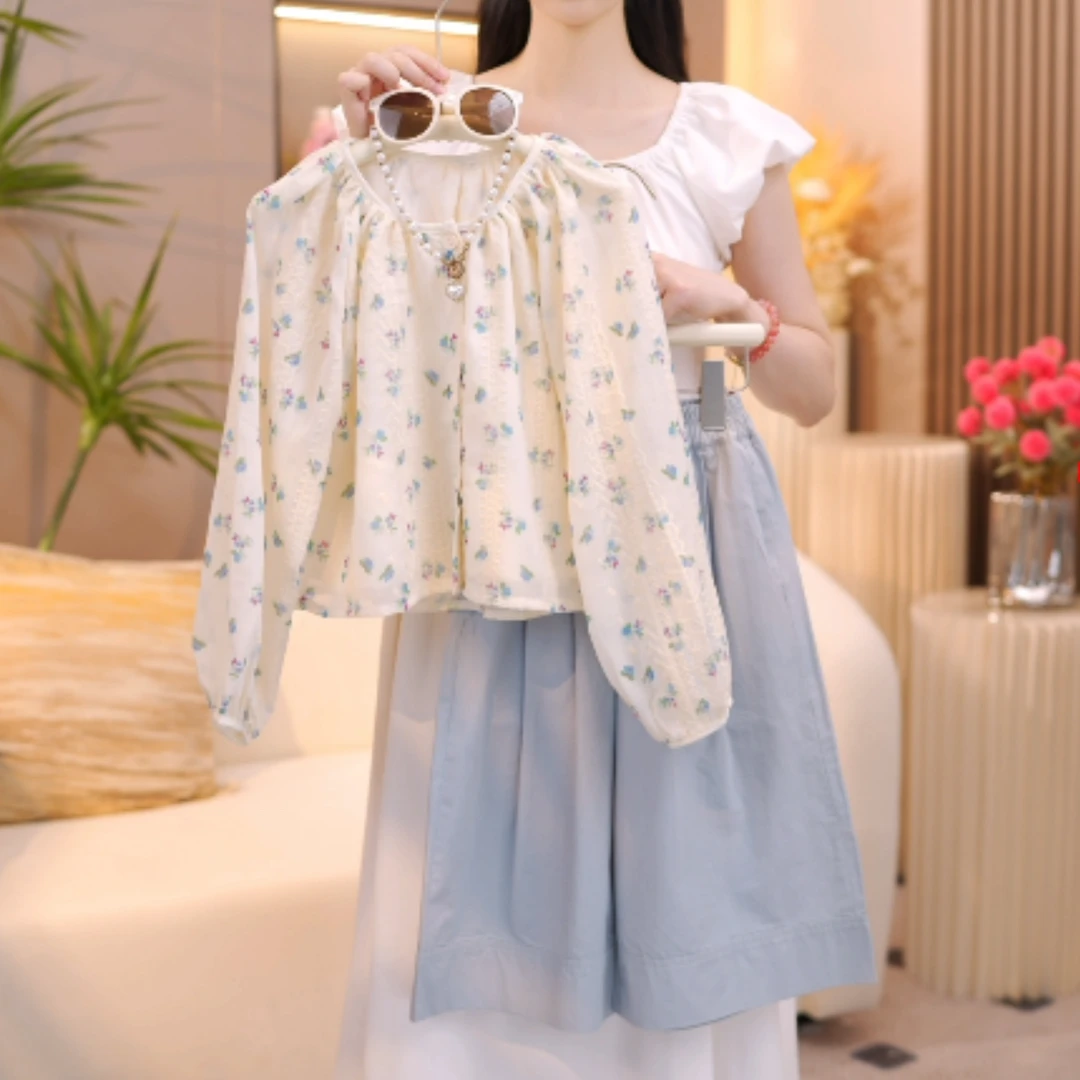 女童秋装套装2025新款时尚设计师款碎花长袖衬衫+休闲阔腿裤套装