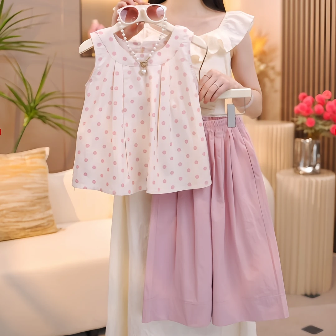 女童夏装套装2025新款韩系洋气波点娃娃衫背心+休闲阔腿裤套装