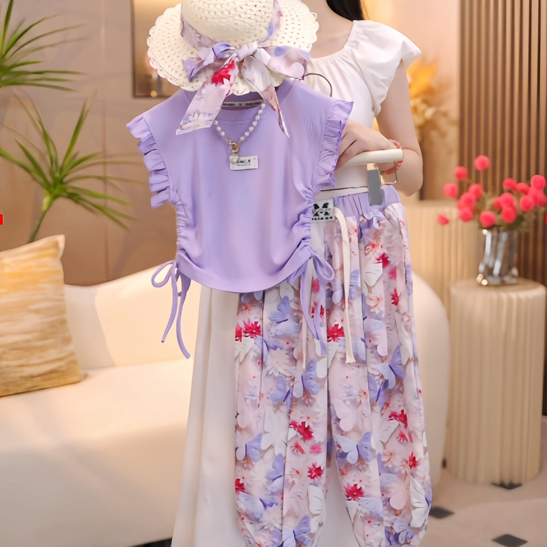 熙哈-女童2025夏季新品韩版碎花休闲防晒裤+百搭T恤两件套