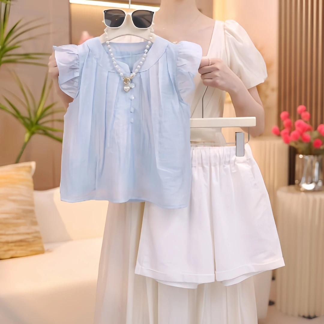女童2025夏季新款甜美别致清新兰小飞袖衬衫+短裤休闲两件套