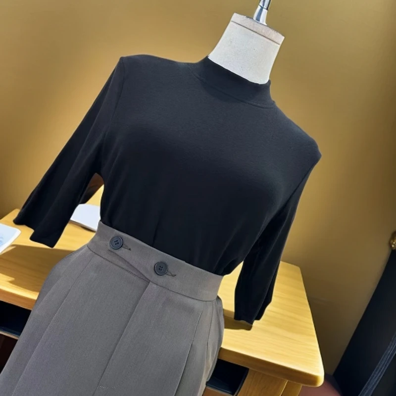 韩版打底纯色显瘦百搭半高领圆领六分袖棉T