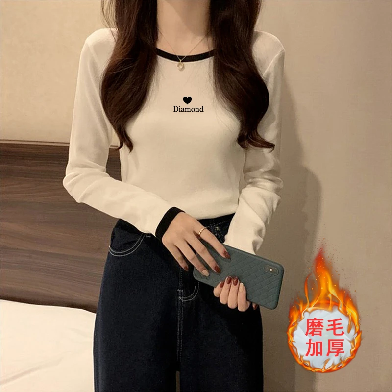 美式复古撞色长袖t恤女春秋冬季修身磨毛内搭打底衫短款加厚上衣