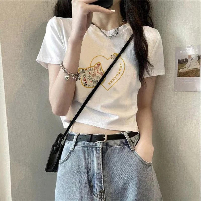 白色纯棉短袖t恤女夏季新款设计感印花正肩短款卡腰小衫上衣显瘦