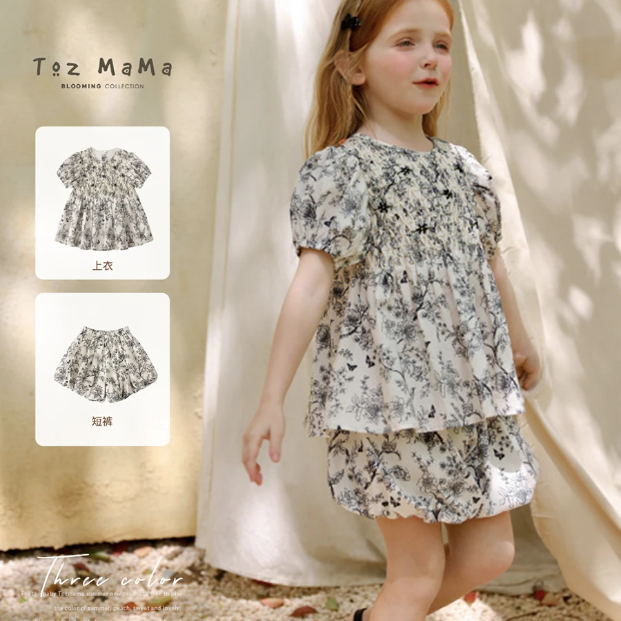 【Toz Girls豆几妈高端女童】手工打揽植物印花小衫短裤套装