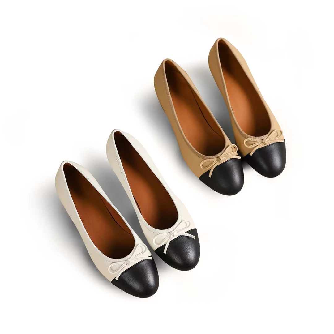 【玛丽珍系列3公分】小香风经典拼色羊皮蝴蝶结圆头中低粗跟女鞋