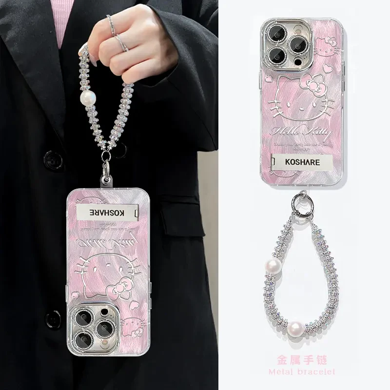 适用苹果16vivo华为oppo小米iPhone15粉色KT精孔羽纱纹支架手机壳