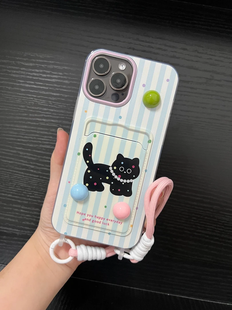 波点猫咪卡包iPhone15/14/13手机壳华为荣耀红米OPPOVIVOs18e软