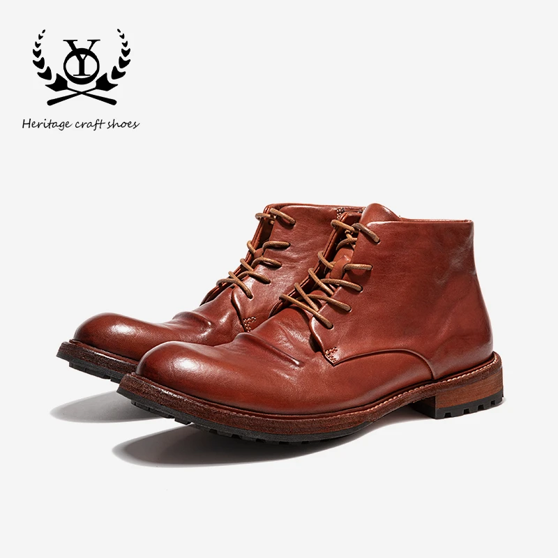 YO-B1210马皮男士高帮皮靴英伦复古手工固特异中帮马丁靴厚底皮鞋