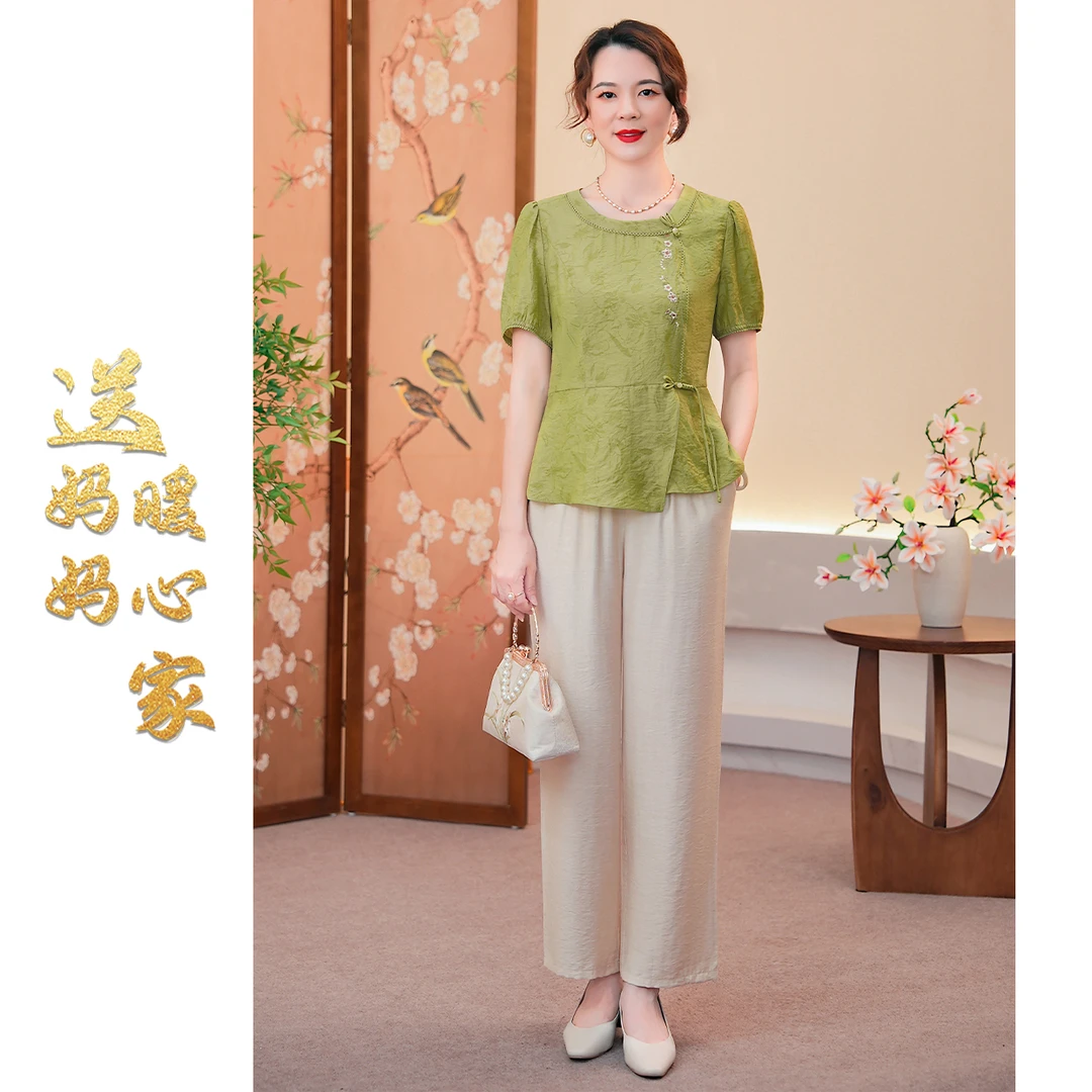 夏季洋气休闲新中式国风气质短袖套装中老年女装时尚两件套 A-721