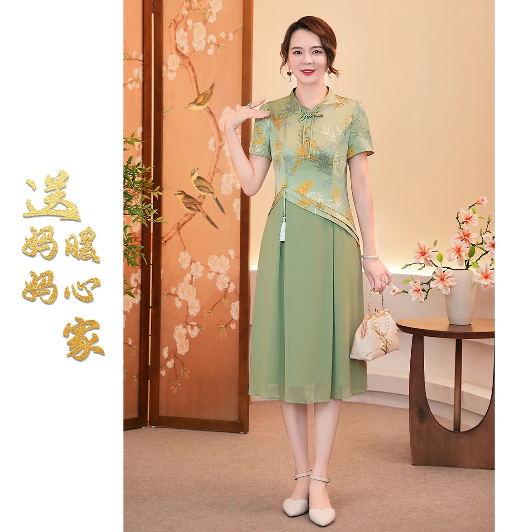 夏季新款新中式国风连衣裙洋气时尚气质中年女士显瘦裙子 XDY-22