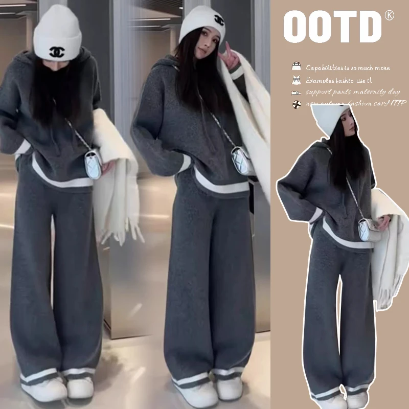 孕妇装秋冬套装时尚洋气休闲宽松毛衣外套上衣加厚阔腿裤两件套冬