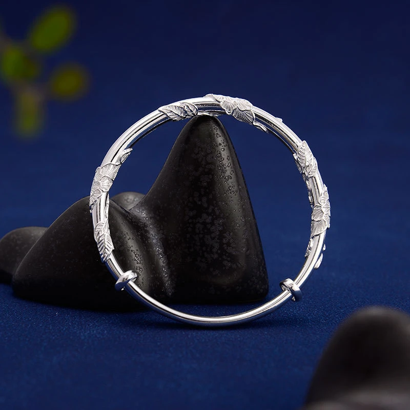 足银手镯 3093繁花足银999纯银手镯高级花丝孔雀士镯子实心银手镯