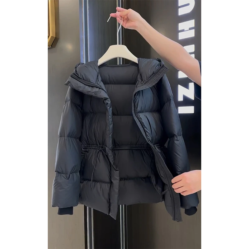 【现货】欧货加厚修身收腰连帽棉服女中长款黑色高级感气质棉衣外套