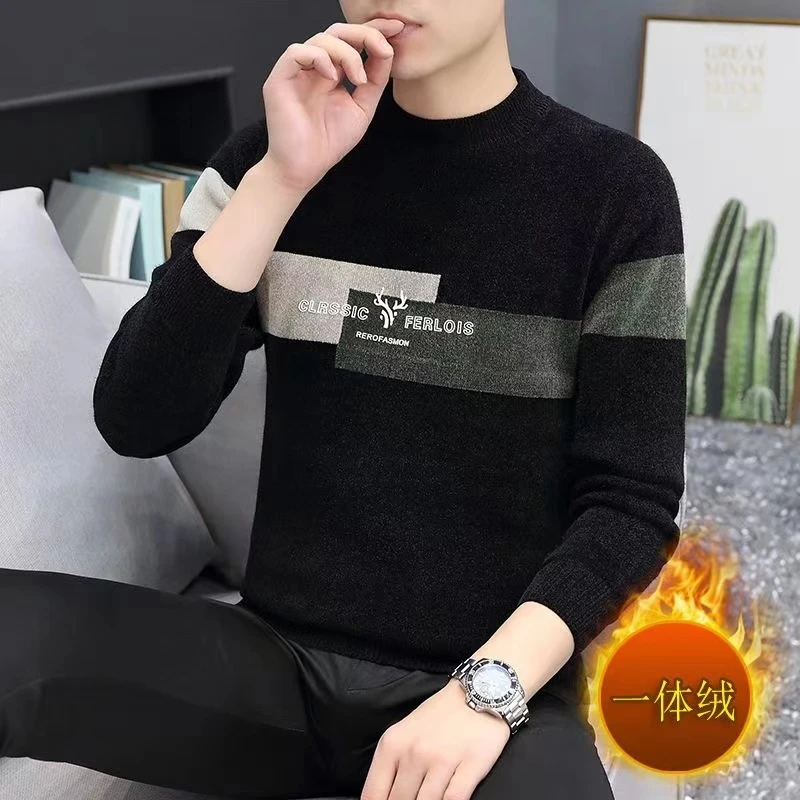 2025新款男士毛衣秋冬季加绒加厚时尚潮流保暖长袖毛线衣条纹6921