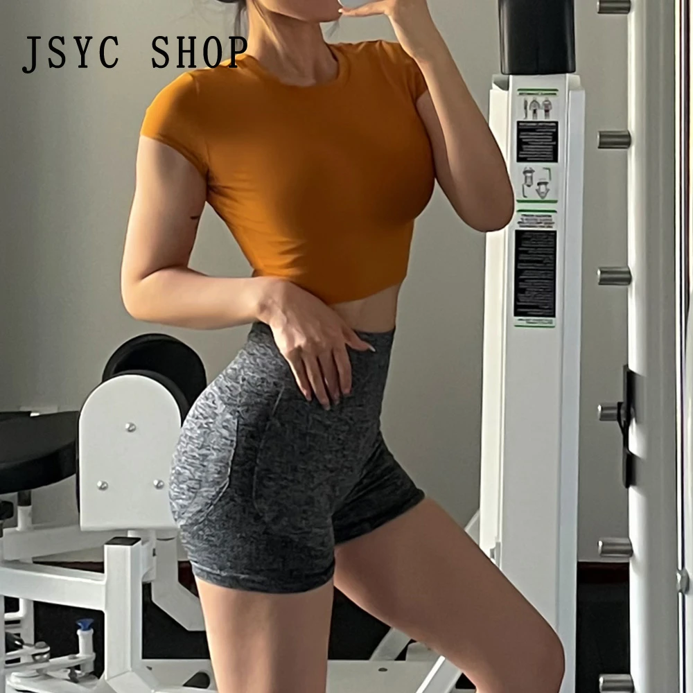 夏季健身短袖上衣女紧身瑜伽服弹力吸汗透气训练圆领T恤修身短款