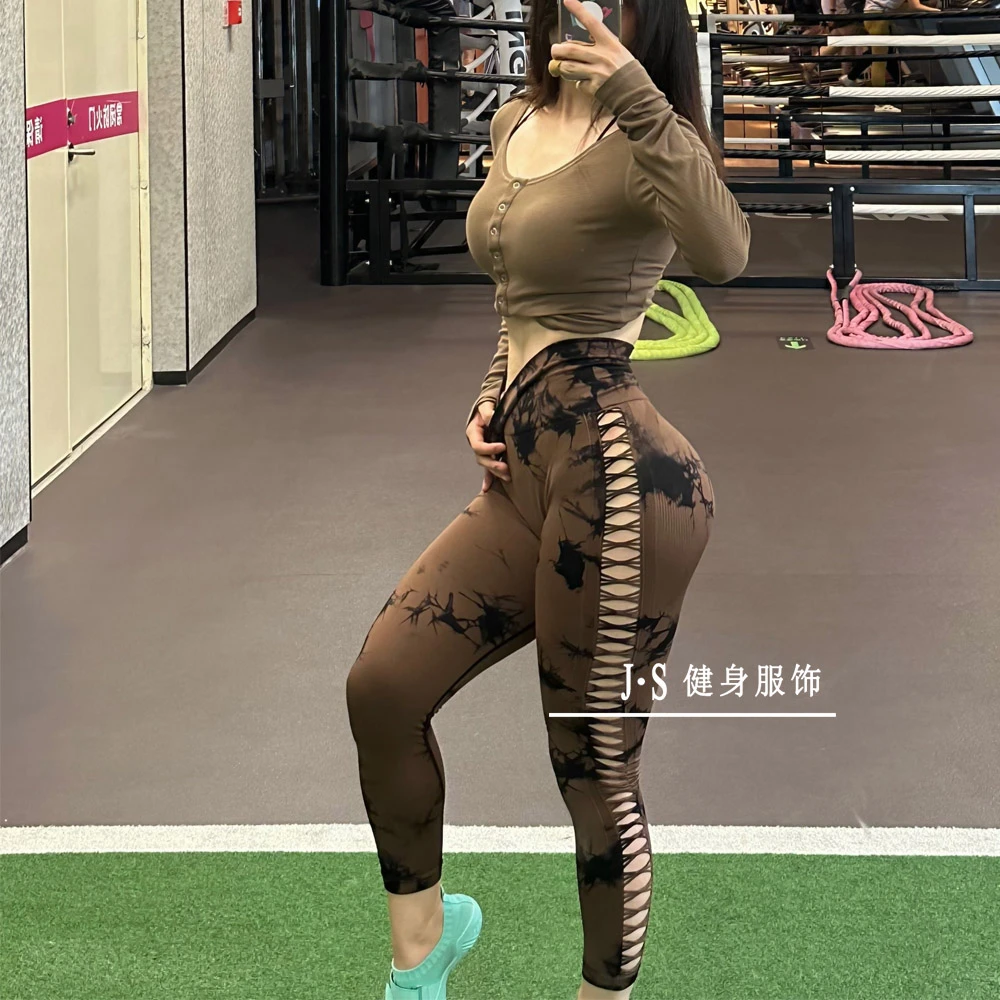 高腰蜜桃臀健身裤镂空性感提臀瑜伽裤训练显臀大紧身运动长裤透气