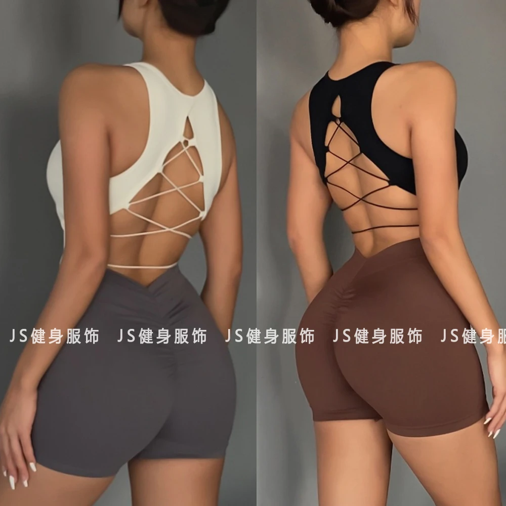 运动背心一体杯带胸垫露背健身文胸性感无袖瑜伽服训练普拉提夏