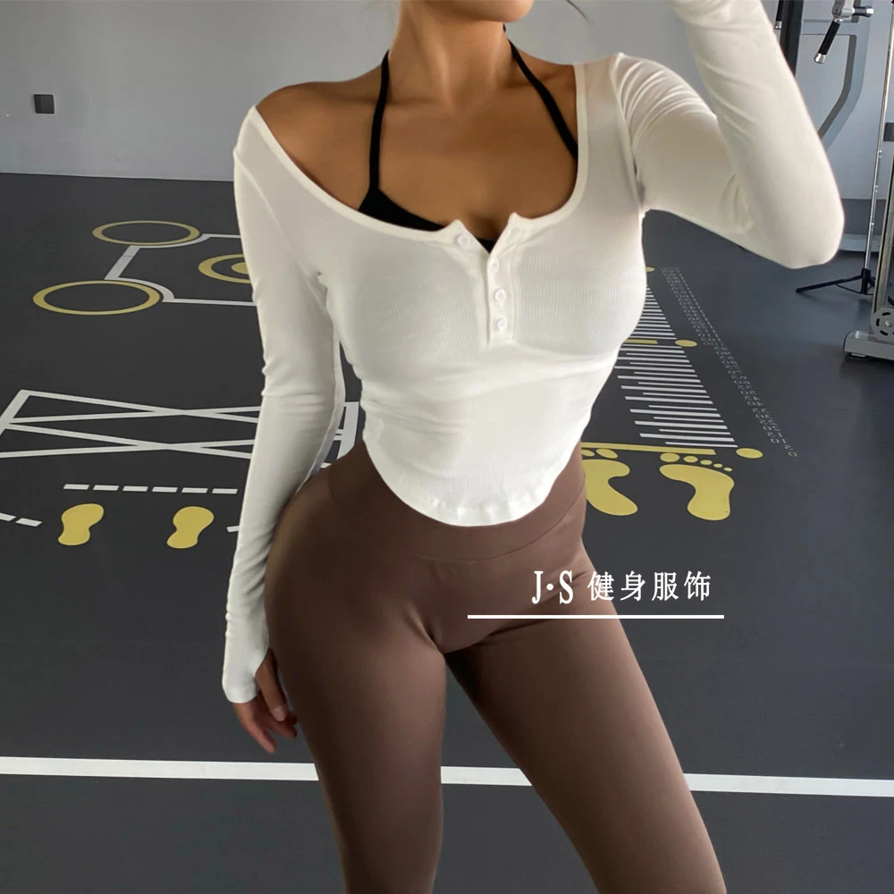 欧美假两件运动上衣长袖带胸垫跑步瑜伽服t恤挂脖紧身健身服透气