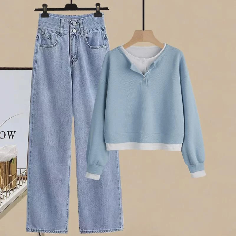 小个子时尚套装女秋装假两件套头卫衣显瘦拖地牛仔阔腿裤两件套女