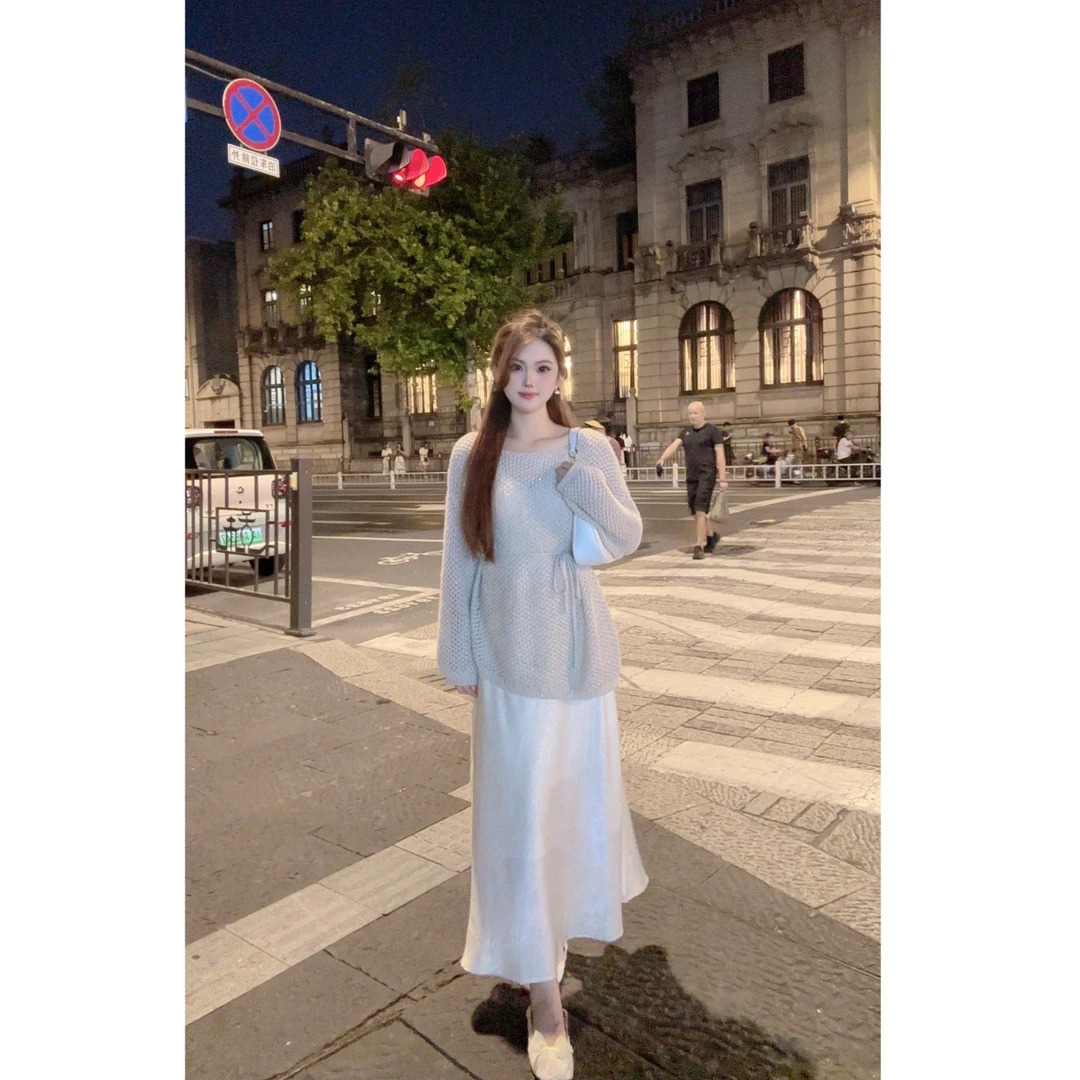 【婉儿专属】秋冬针织宽松长袖时尚慵懒风毛衣吊带裙两件套 TX24099