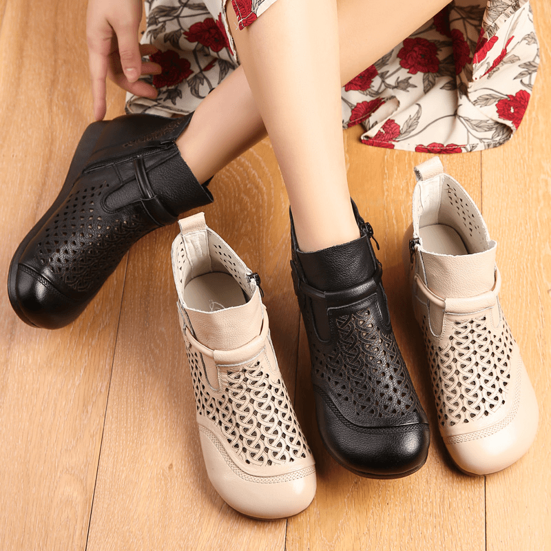 2024真皮软底妈妈鞋凉靴春夏镂空透气洞洞女鞋中年防滑牛筋底凉鞋