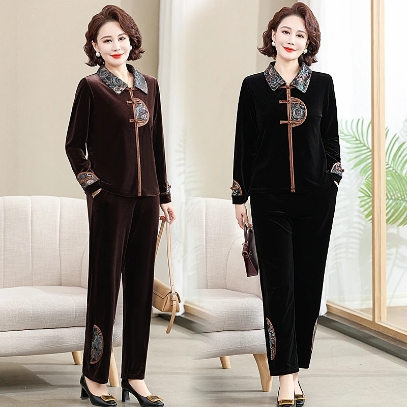 中国风金丝绒两件套新中式妈妈装春装新款时尚气质长袖民族风套装