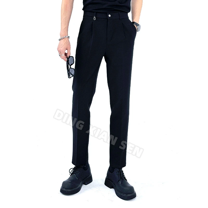 丁先森-简约款百搭休闲夏季弹力松紧腰九分男士商务垂感西裤