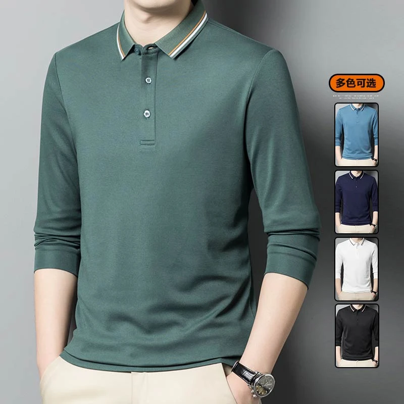 男士商务长袖polo衫秋季新款撞色时尚百搭宽松翻领T恤衫337