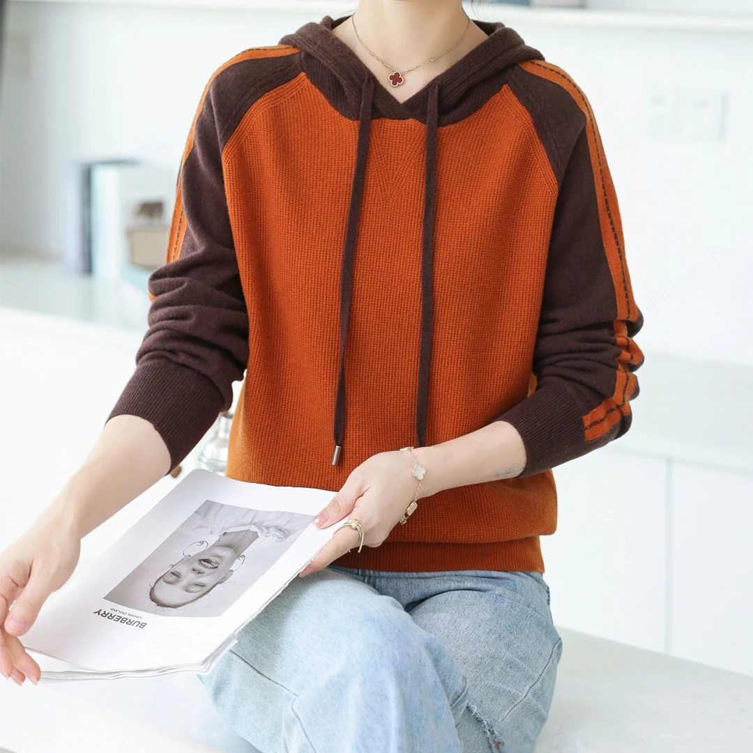100%纯羊毛拼色连帽针织卫衣女时尚洋气秋冬新款百搭外套春秋打底