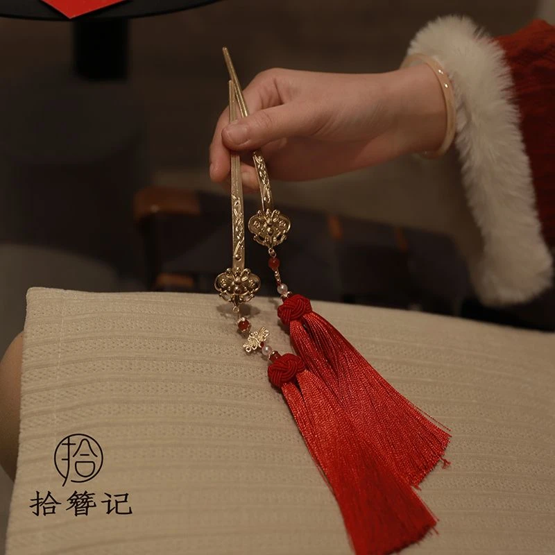 旗袍中式原创新年中国风复古发饰旗袍发簪汉服配饰流苏簪子古典风