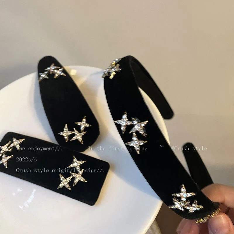 超闪星星丝绒发夹侧边夹刘海夹网红重工精致水钻五角星发箍头箍女