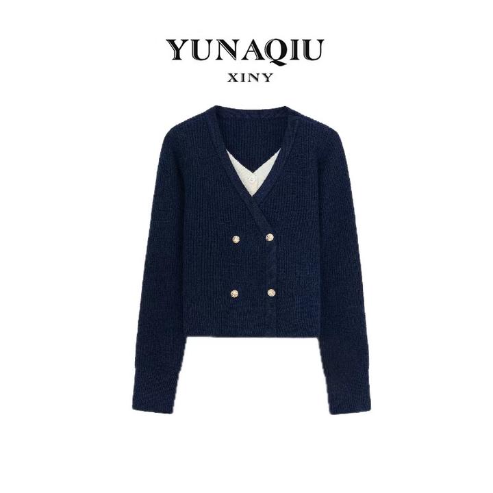 YUNAQIU秋季针织假两件开衫女v领百搭双排扣复古减龄毛衣-7819
