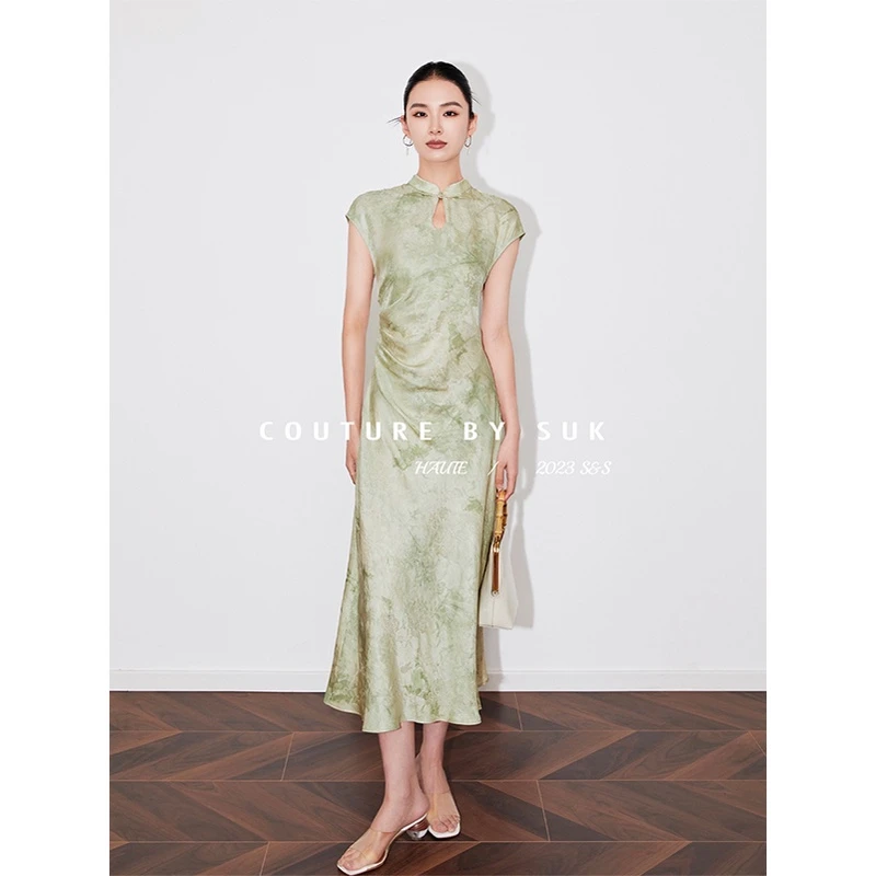 SUK 【碧玉妆成】夏季新款夏季桑蚕丝真丝提花无袖连衣裙SK3256