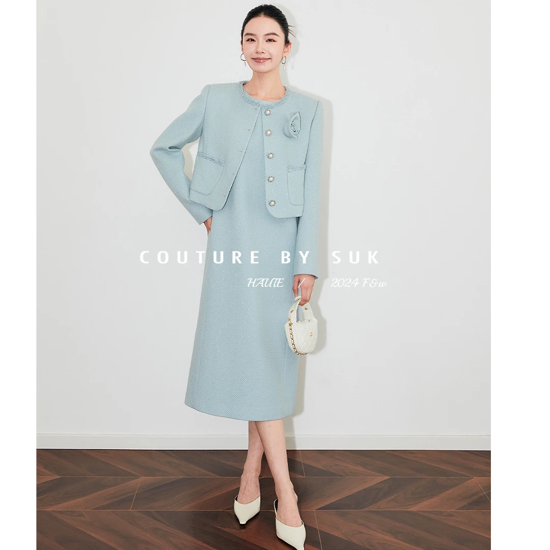 SUK【花漾香榭】新款小香风背心裙两件套高级感毛呢外套女SK4531