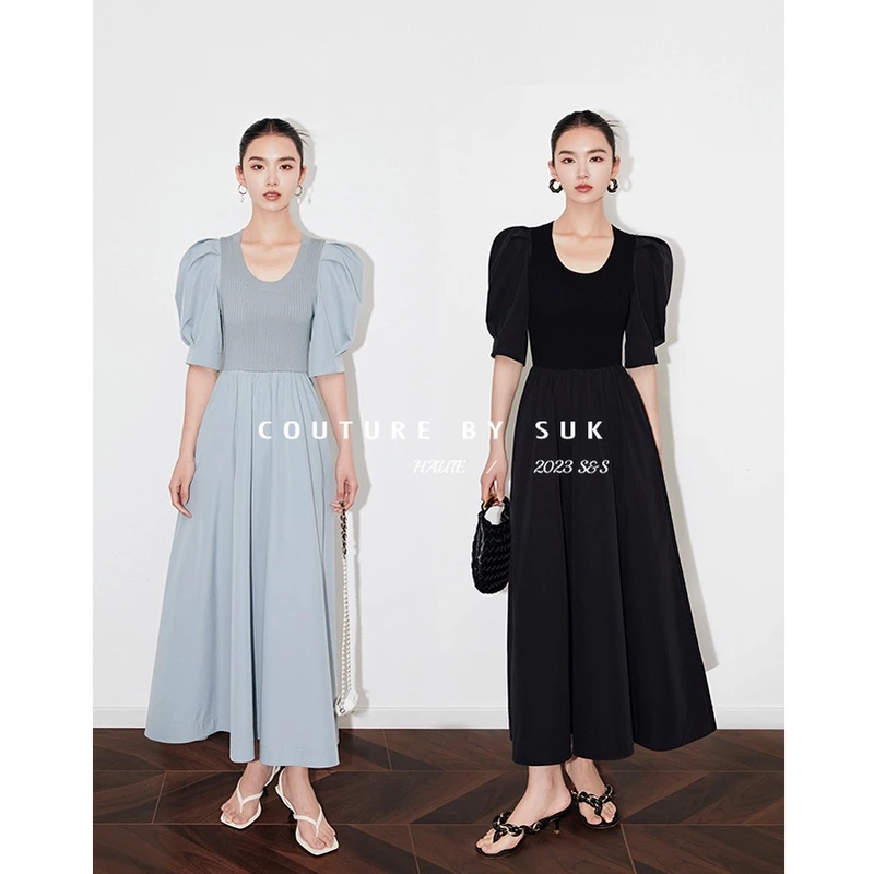 SUK 【小资腔调】方领针织拼接中长款连衣裙夏法式泡泡袖SK203