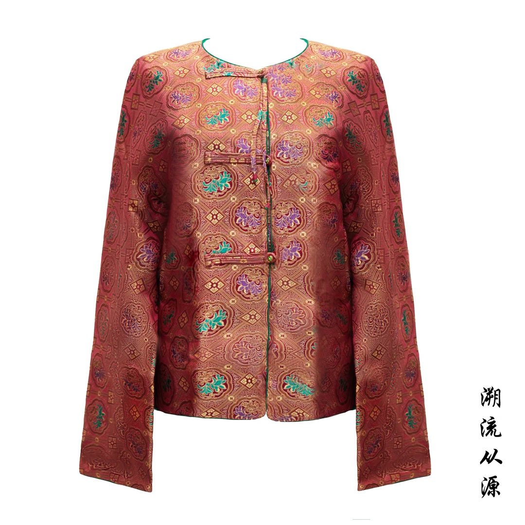 《红袖添香》中国风宋锦复古长袖提花红色民族风重磅双面穿外套