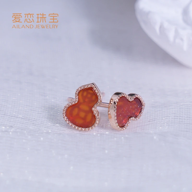 【静禾】爱恋珠宝18K玫瑰金色葫芦福气红玛瑙耳饰