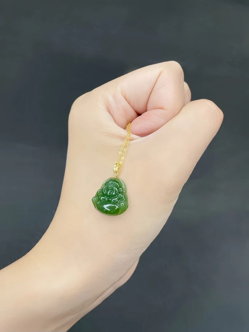 和田玉吊坠迷你佛公碧玉精工雕刻18K金佛公吊坠精选女款百搭推荐