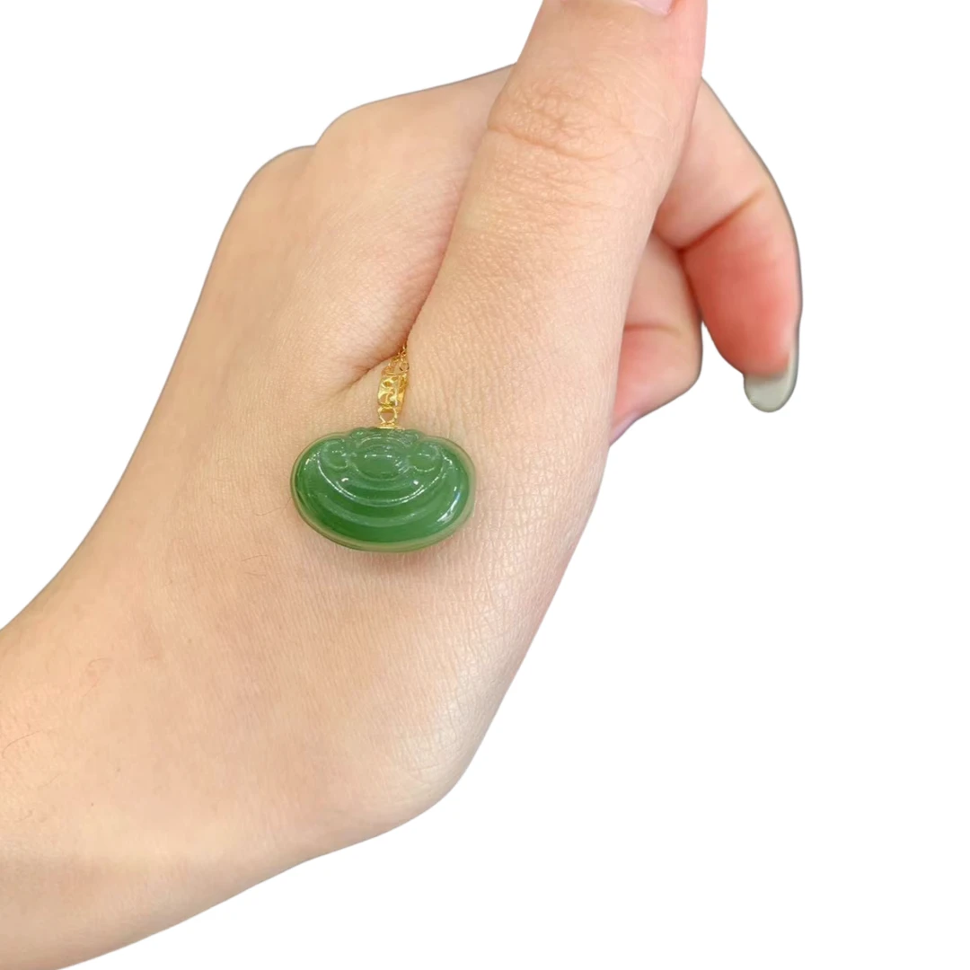 和田玉吊坠花扣如意2号，女款气质精美时尚百搭复古手工镶嵌送朋友