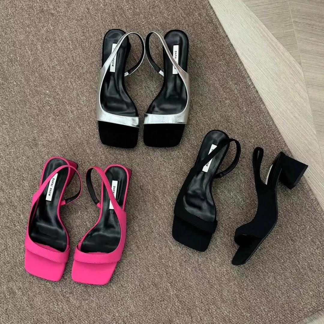 Dapai show/大派秀一字带方跟粗跟凉鞋时尚夏季法式小众方头露趾