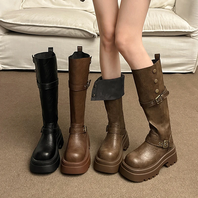 可翻折两穿皮带扣不过膝长筒靴子女2025秋冬新款中筒厚底时装靴潮