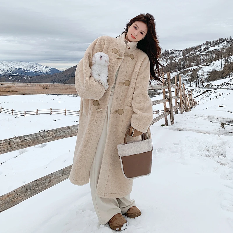 牛角扣外套女2025冬长款立领韩系加厚休闲学生高级感皮毛一体大衣