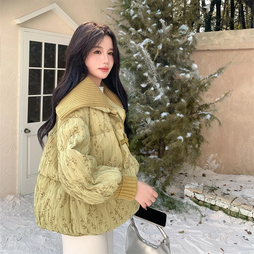 绿色碎花针织大翻领羽绒服女冬季新中式国风盘扣爆款流行加厚外套