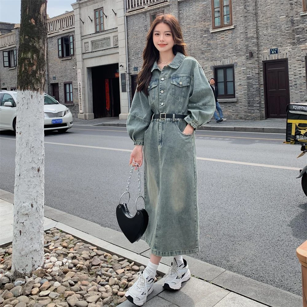 美式复古牛仔连衣裙女春秋2024新款法式收腰显瘦气质洋气开叉长裙