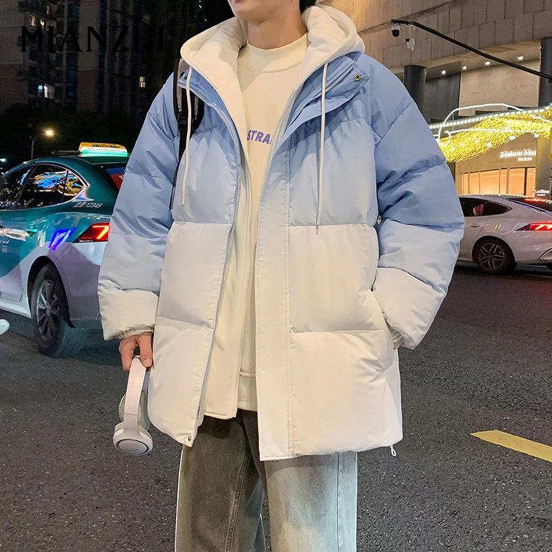 棉致渐变色棉衣男连帽假两件冬季保暖外套加厚百搭宽松潮流面包服